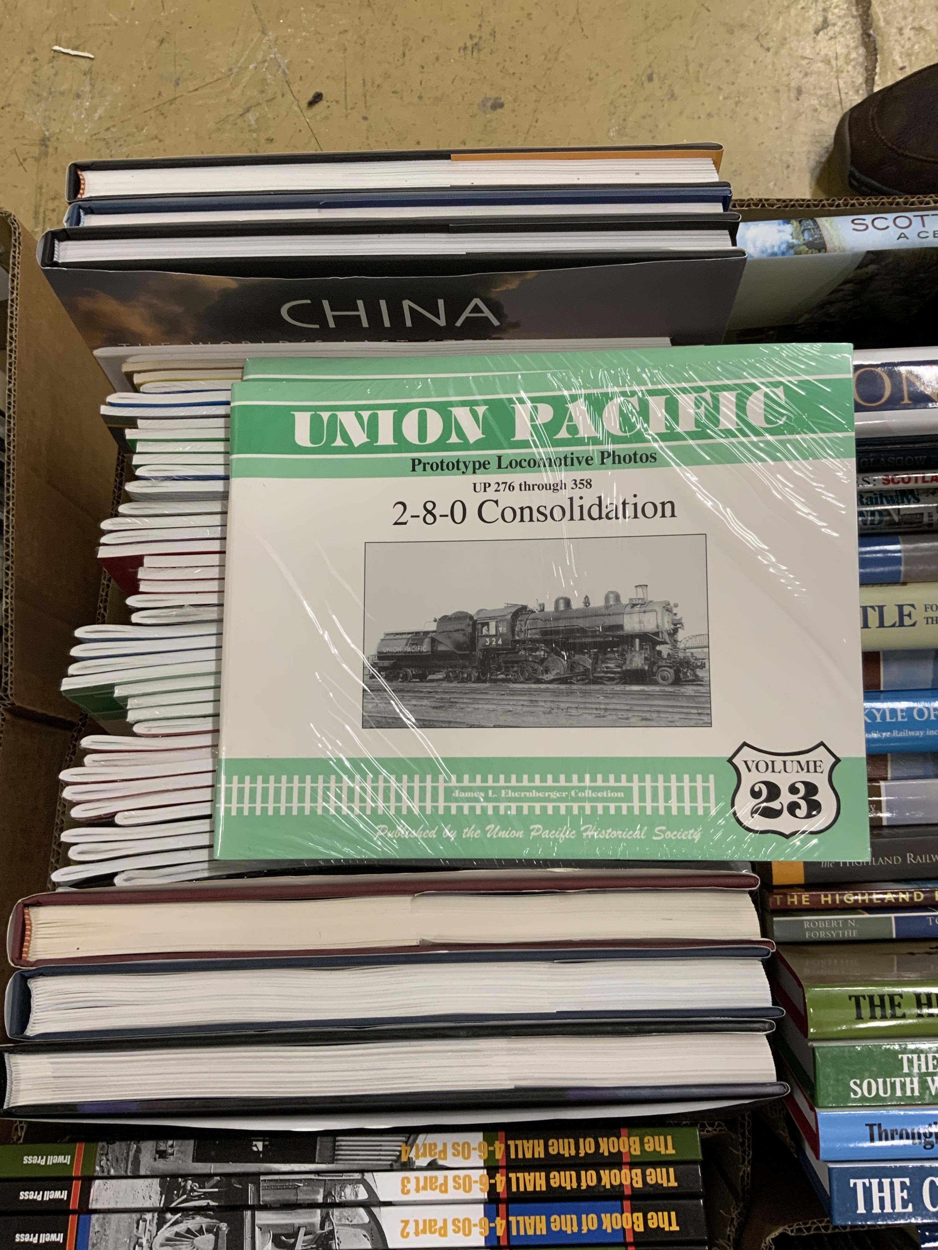 Eight boxes of railway related books, subjects include; Scottish steam, diesel locomotives, electric locomotives, Great Western Railway locomotives, Union Pacific locomotives, Bradshaw’s guides, etc. publishers include;